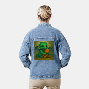 Niedlicher, grüner, Mit Augen Babydrache mit Teddy Jeansjacke
