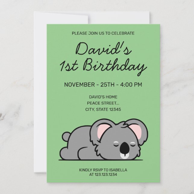 Niedlicher Grüner Sonnenstrahl Koala 1. Geburtstag Einladung (Vorderseite)