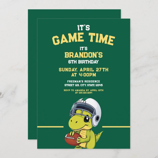 Niedlicher Grüner und Gelber Fußball Dinosaurier G Einladung (Vorne/Hinten)