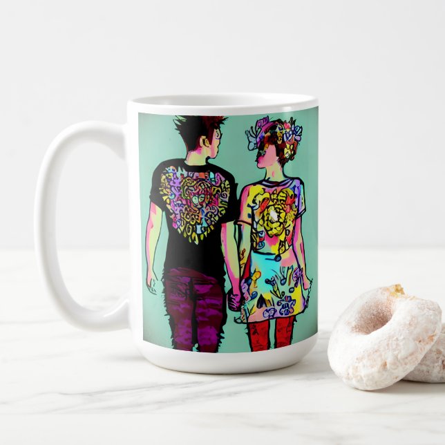 Niedlicher Grunge Typ und Hübsche Punk Girl Holdin Kaffeetasse (Mit Donut)