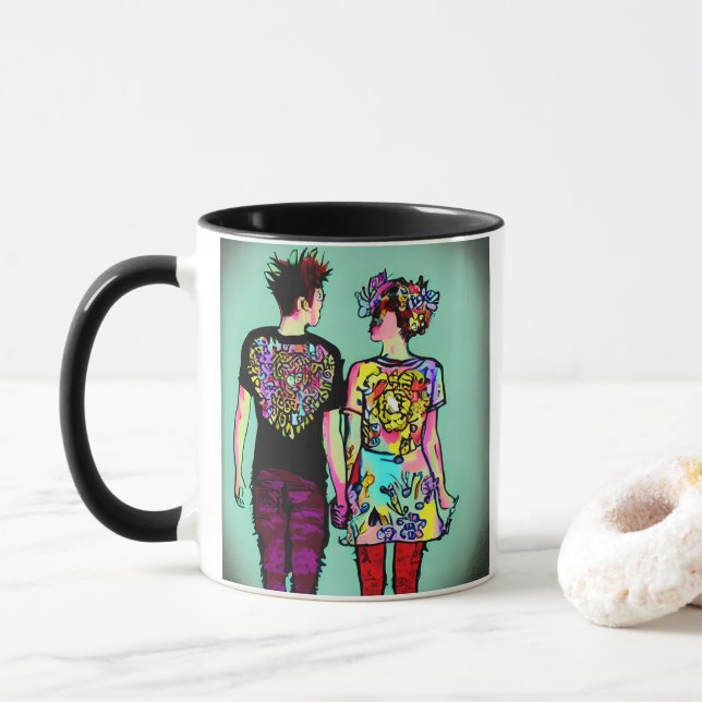 Niedlicher Grunge Typ und Hübsche Punk Girl Holdin Tasse (Mit Donut)