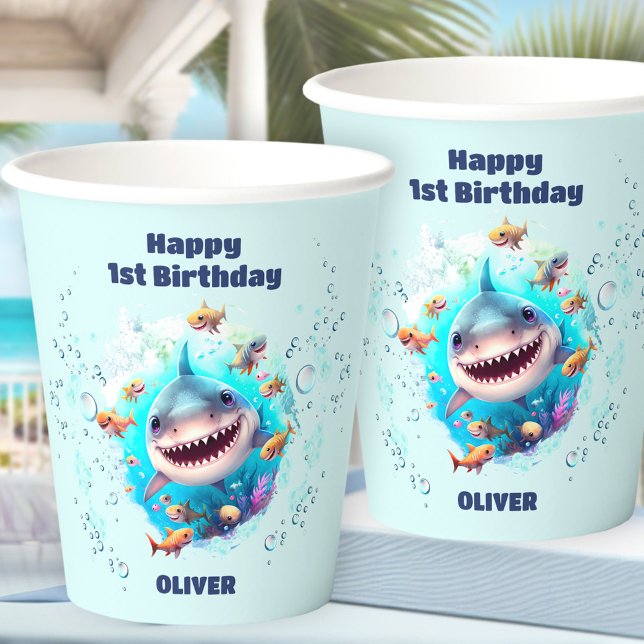 Niedlicher Hai 1. Geburtstag Pappbecher (Cute Shark 1st Birthday Boy Paper Cups)