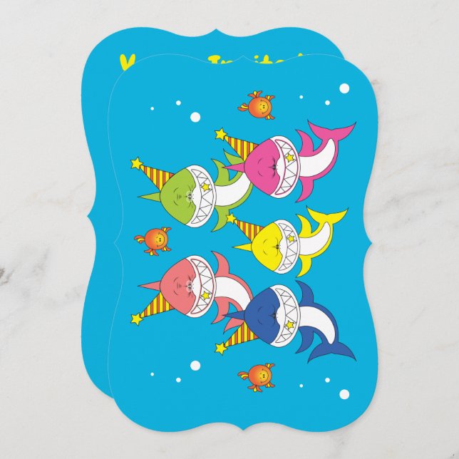 Niedlicher Haifisch-Familien-Cartoon Einladung (Vorne/Hinten)