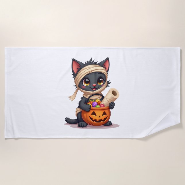 Niedlicher Halloween Black Cat Pumpkin Trick oder  Strandtuch (Vorderseite)