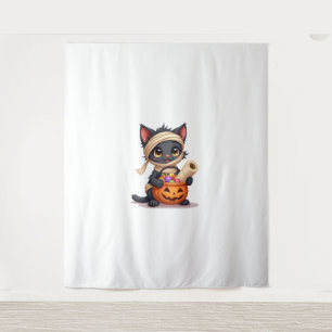 Niedlicher Halloween Black Cat Pumpkin Trick oder  Wandteppich