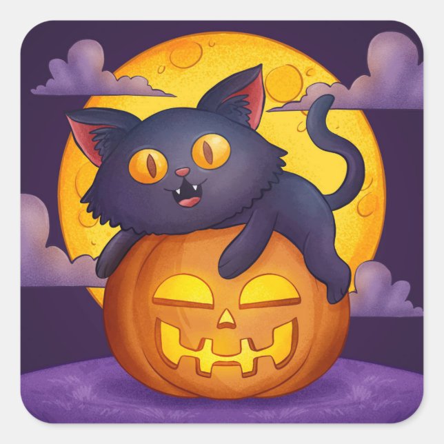 Niedlicher Halloween Black Cat Pumpkin und Mond Quadratischer Aufkleber (Vorderseite)