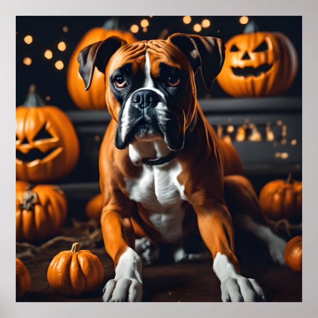 Niedlicher Halloween Boxer Dog w Pumpkins auf Okt- Poster (Vorne)