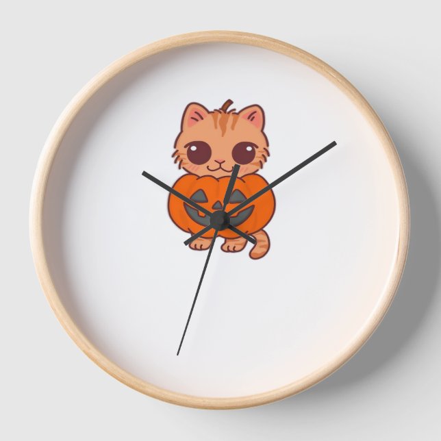 Niedlicher Halloween Cat T - Shirt - Zwei Kawaii C Uhr (Vorderseite)