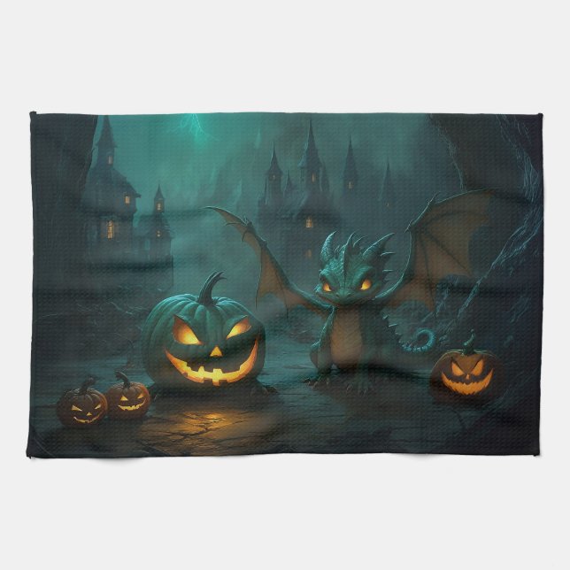 Niedlicher Halloween-Drache mit Beängstigenden Pum Geschirrtuch (Horizontal)