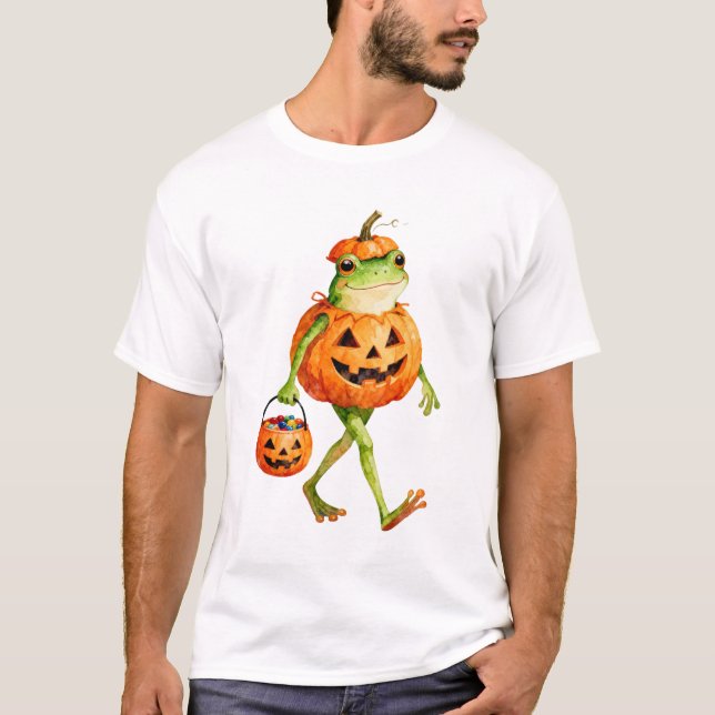 Niedlicher Halloween Frosch in Kürbiskostüm T-Shirt (Vorderseite)