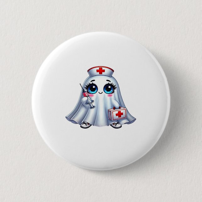 Niedlicher Halloween-Geist in einer Krankenschwest Button (Vorderseite)