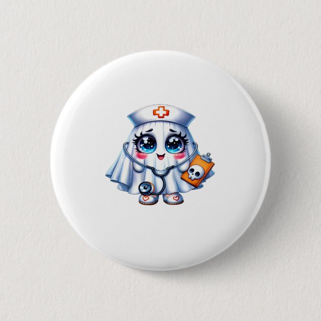 Niedlicher Halloween-Geist in einer Krankenschwest Button (Vorderseite)