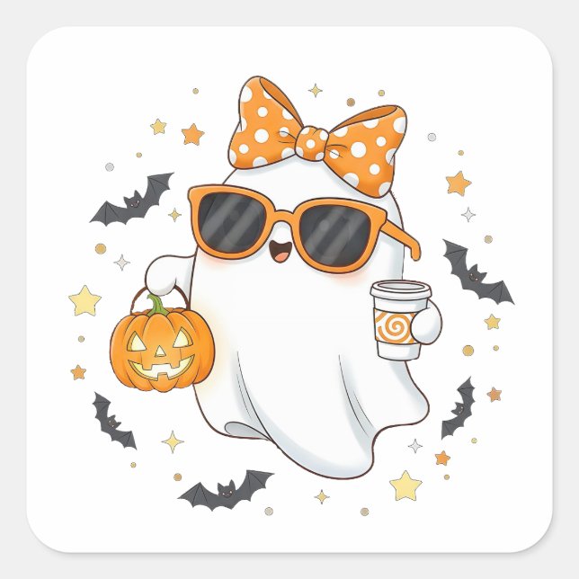 Niedlicher Halloween-Geist mit Pumpkin Quadratischer Aufkleber (Vorderseite)