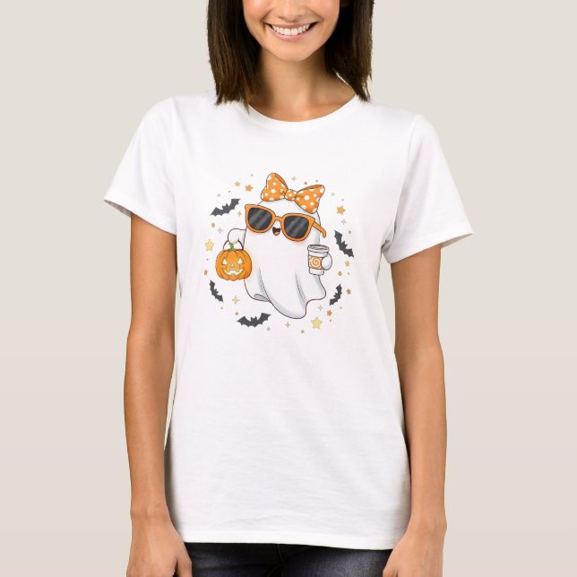 Niedlicher Halloween-Geist mit Pumpkin T-Shirt (Vorderseite)