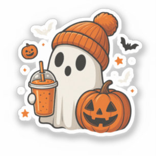 Niedlicher Halloween-Geist mit Pumpkin und Drink Aufkleber