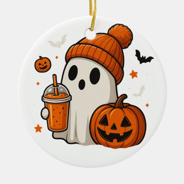 Niedlicher Halloween-Geist mit Pumpkin und Drink Keramik Ornament (Vorne)