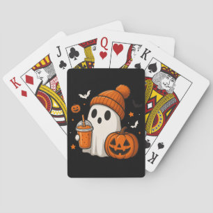 Niedlicher Halloween-Geist mit Pumpkin und Drink Spielkarten