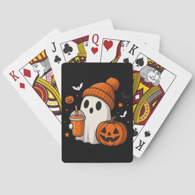 Niedlicher Halloween-Geist mit Pumpkin und Drink Spielkarten (Rückseite)