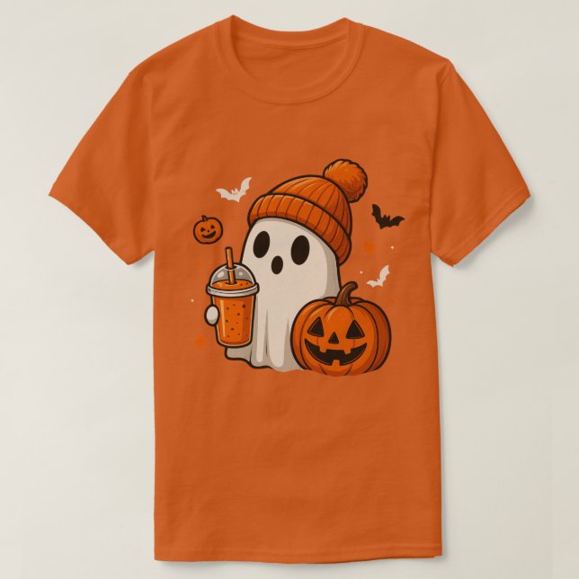 Niedlicher Halloween-Geist mit Pumpkin und Drink T-Shirt (Design vorne)