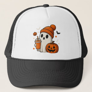 Niedlicher Halloween-Geist mit Pumpkin und Drink Truckerkappe