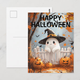 Niedlicher Halloween-Geist mit Pumpkins und Fleder Postkarte