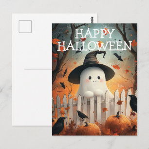 Niedlicher Halloween-Geist mit Pumpkins und Krähen Postkarte