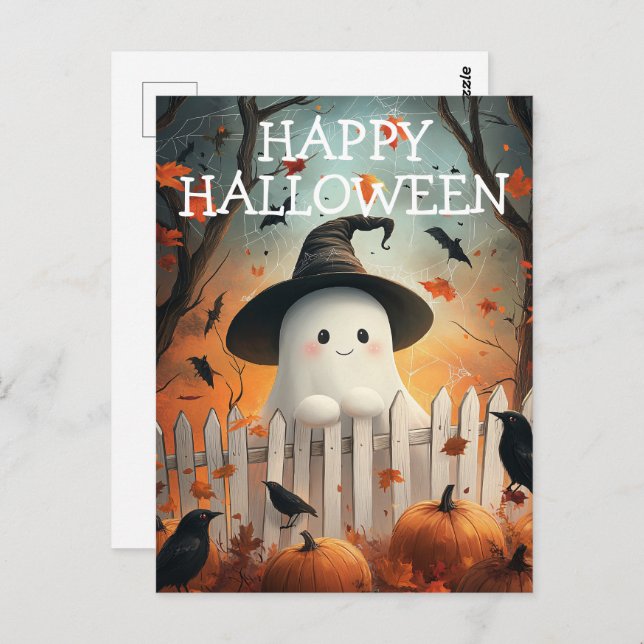 Niedlicher Halloween-Geist mit Pumpkins und Krähen Postkarte (Vorne/Hinten)
