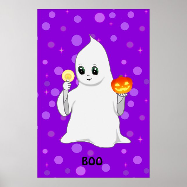 Niedlicher Halloween Ghost & Pumpkin auf Lila Poster (Vorne)