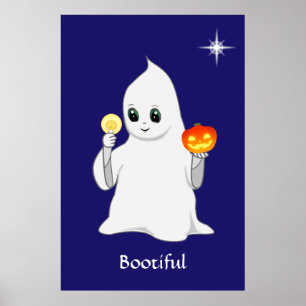 Niedlicher Halloween Ghost & Pumpkin auf Navy Blue Poster