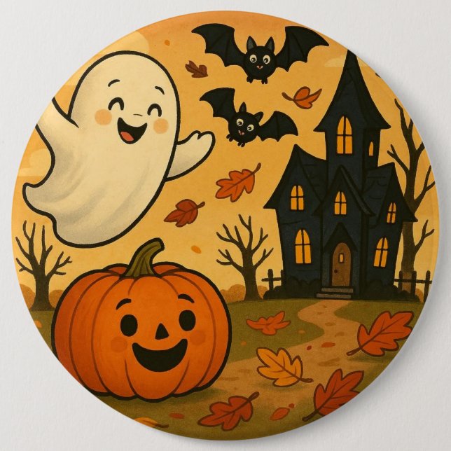 Niedlicher Halloween/Herbst-Geist-Kürbis-Cartoon Button (Vorderseite)