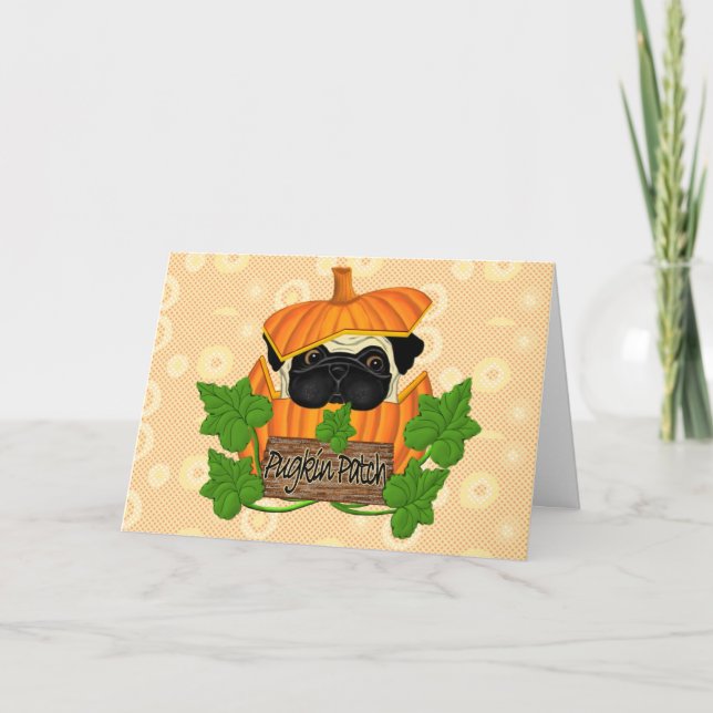 Niedlicher Halloween Mops Pugkin Pumpkin Karte (Vorderseite)