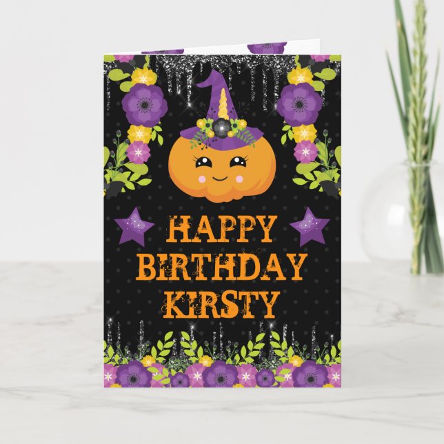 Niedlicher Halloween Pumpkin Floral Happy Geburtst Karte (Vorderseite)