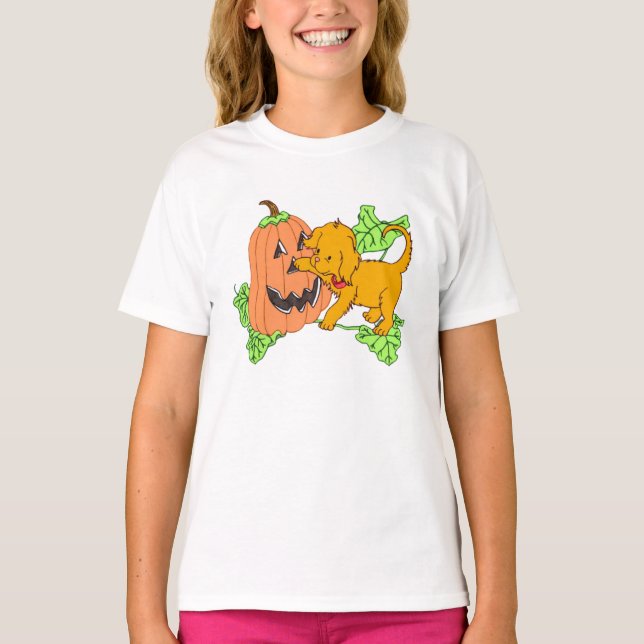 Niedlicher Halloween Pumpkin und Welpe Baby T-shirt (Vorderseite)