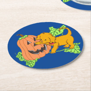 Niedlicher Halloween Pumpkin und Welpe Runder Pappuntersetzer