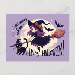 Niedlicher Halloween Pun mit Hexe und Katze Postkarte