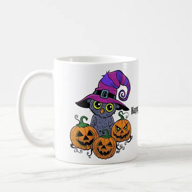 Niedlicher Halloween-Uhu und Kürbiskins-Spaß Kaffeetasse (Links)
