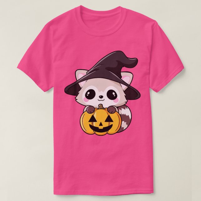 Niedlicher Halloween-Waschbär in Hexenhut und Kürb T-Shirt (Design vorne)