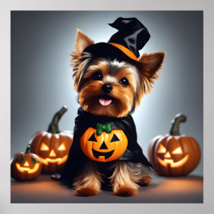 Niedlicher Halloween Yorkshire Terrier Welppy-Hut Poster