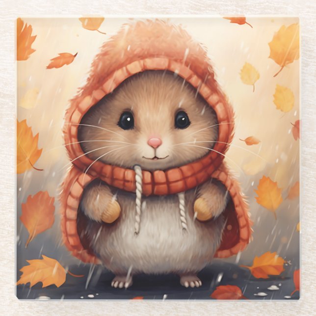 Niedlicher Hamster im Herbst Landschaft Whimsical  Glasuntersetzer (Vorderseite)