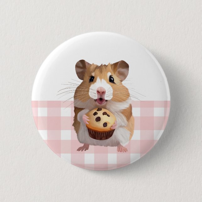 Niedlicher Hamster mit Muffin Pink Gingham Karo Button (Vorderseite)
