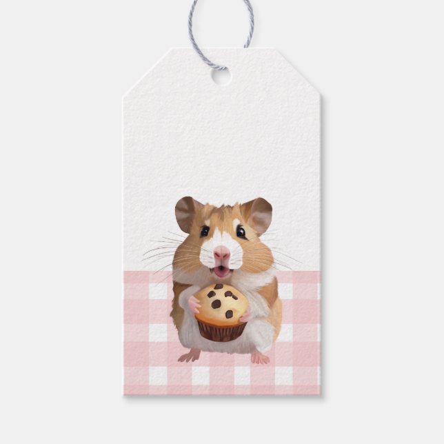 Niedlicher Hamster mit Muffin Pink Gingham Karo Geschenkanhänger (Vorderseite)