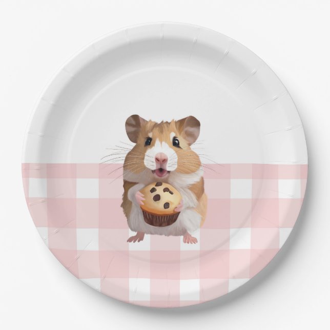 Niedlicher Hamster mit Muffin Pink Gingham Karo Pappteller (Vorderseite)