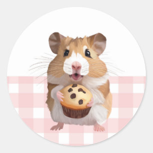Niedlicher Hamster mit Muffin Pink Gingham Karo Runder Aufkleber
