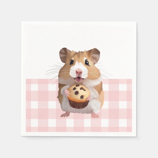Niedlicher Hamster mit Muffin Pink Gingham Karo Serviette (Vorderseite)