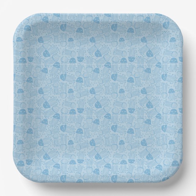 Niedlicher handgemachter Quallen-Muster blauer Hin Pappteller (Vorderseite)