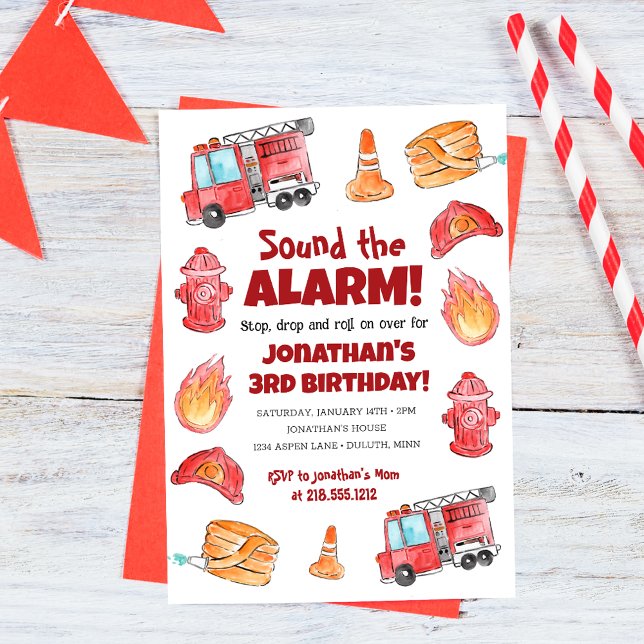 Niedlicher Handgezogener Feuerzug Geburtstag Einladung (Cute Hand Drawn Fire Truck Birthday Invitation)