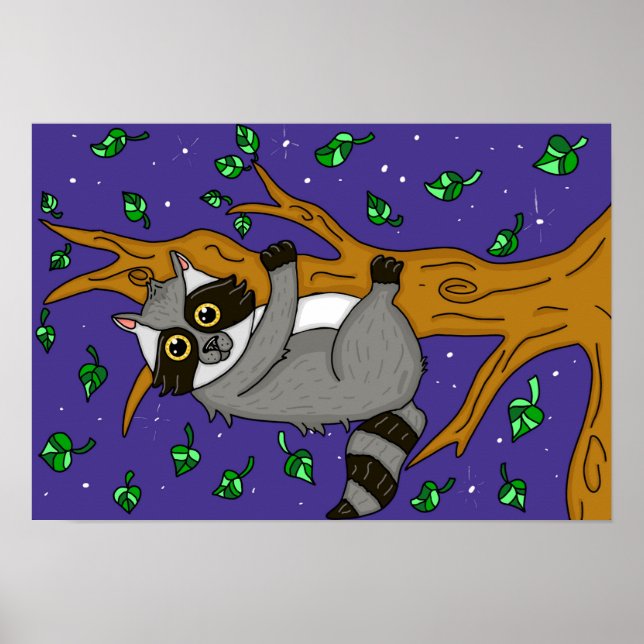 Niedlicher, handgezogener Raccoon aus Baumzweig Poster (Vorne)