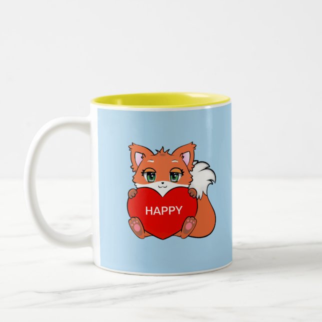 Niedlicher Happy Baby Fox mit Herz-Zwei-Ton-Kaffee Zweifarbige Tasse (Links)