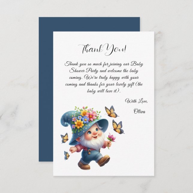 Niedlicher Happy Gnome mit Butterfly Baby Dusche Dankeskarte (Vorne/Hinten)