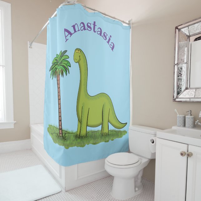 Niedlicher Happy Green Brontosaurus Dinosaurier Ca Duschvorhang (Beispiel)